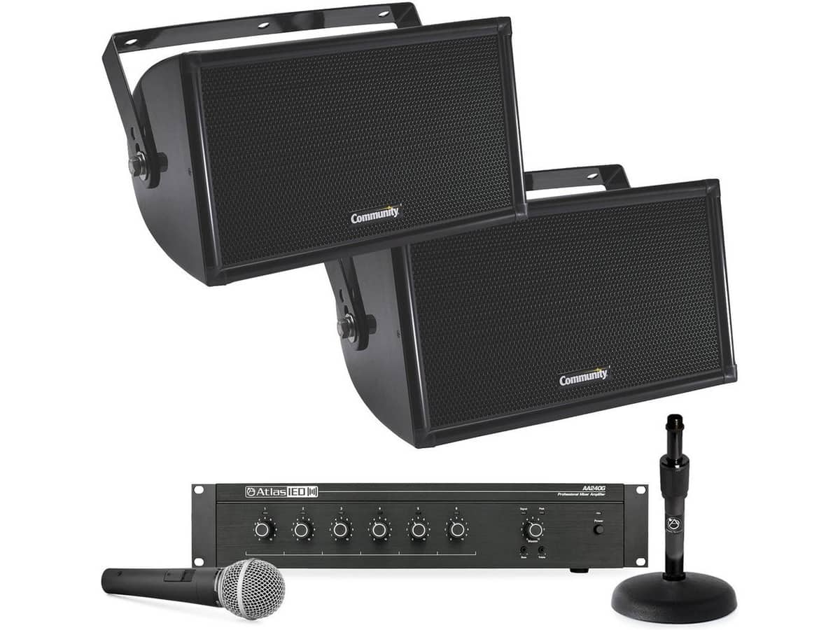 Public Address Sound System with 2 Community Indoor Outdoor Loudspeakers and AtlasIED Mixer Amplifier