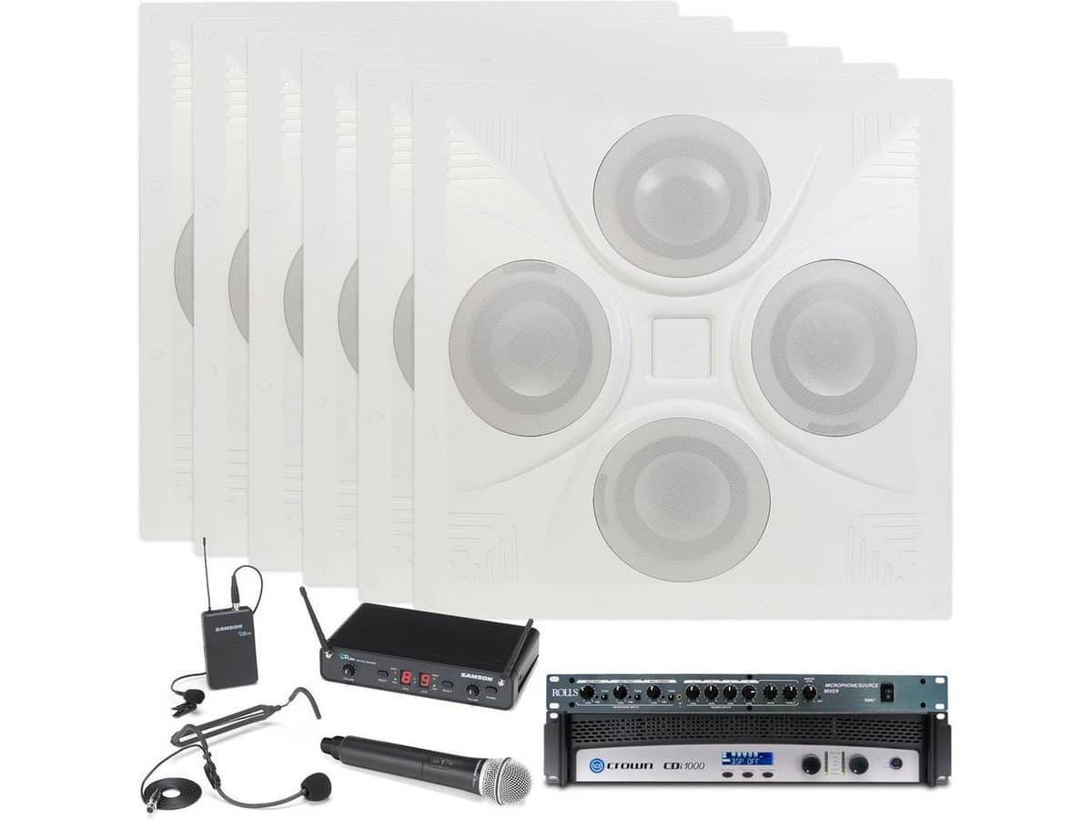Auditorium and Cafeteria Sound System with 6 Ceiling Speaker Arrays Rolls Mixer Crown Amplifier and All-In-One Dual Wireless System