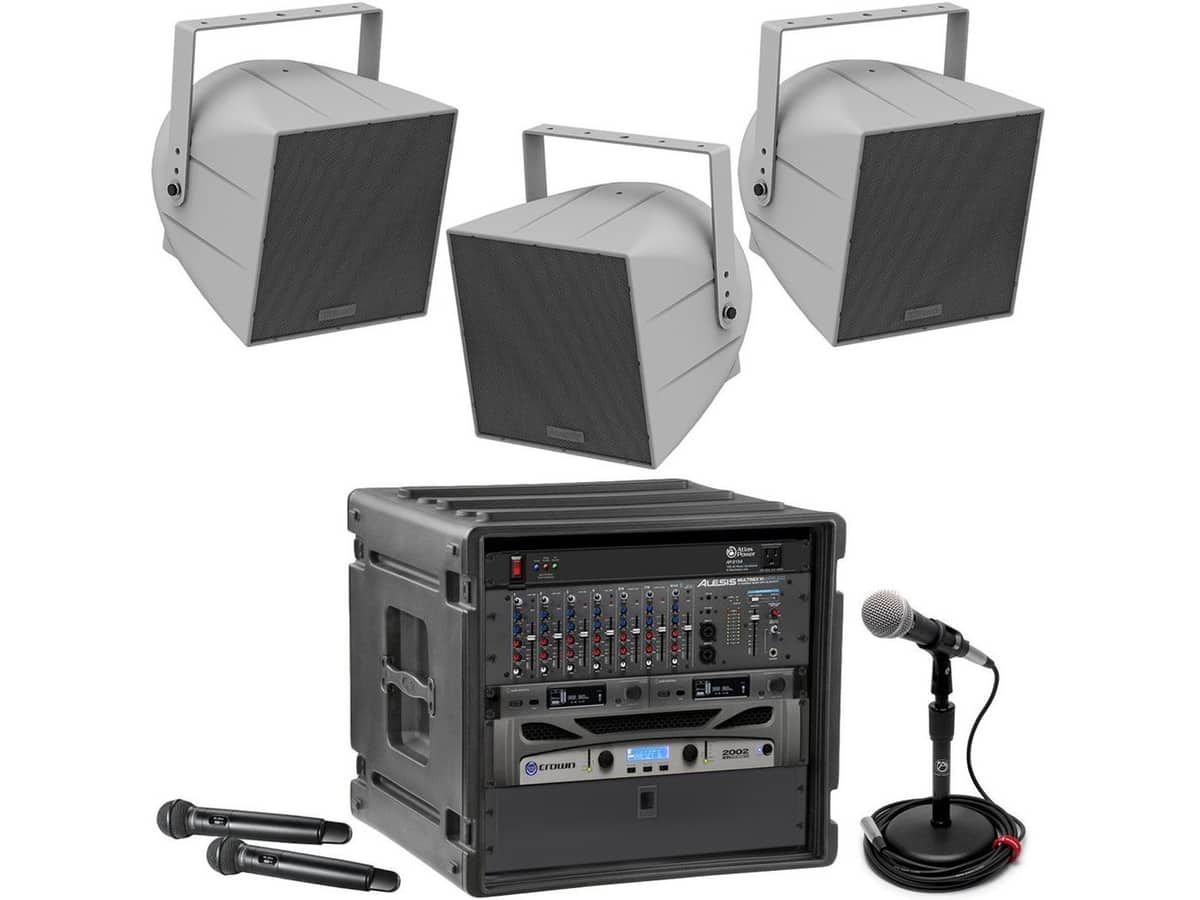 Baseball Field Sound System with 3 Community Outdoor/Weatherproof Stadium Speakers and Crown Power Amplifier with Wireless Bluetooth Streaming