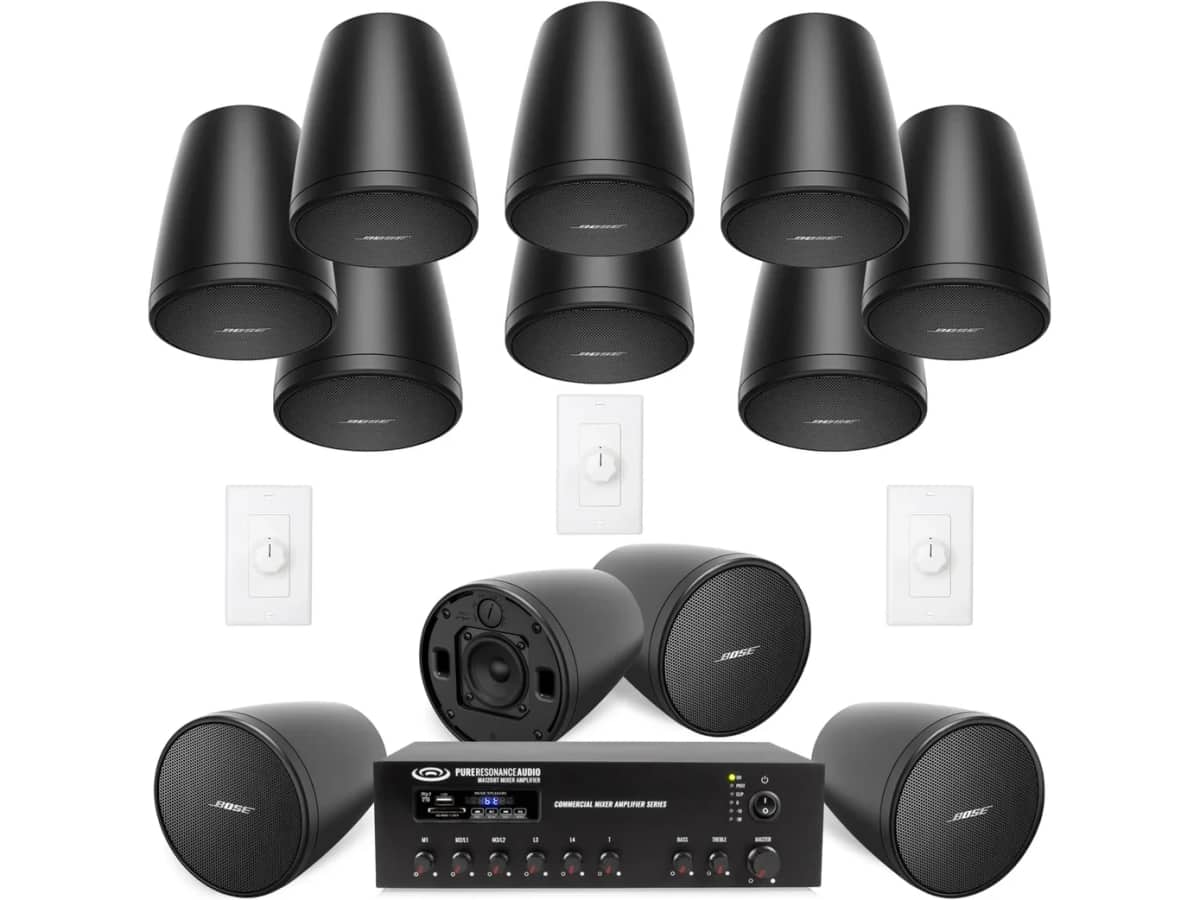 Brewery Sound System with Background Music and Paging with 12 Bose Professional FreeSpace FS Pendant Speakers and Bluetooth Wireless (Up to 6,000 SF)