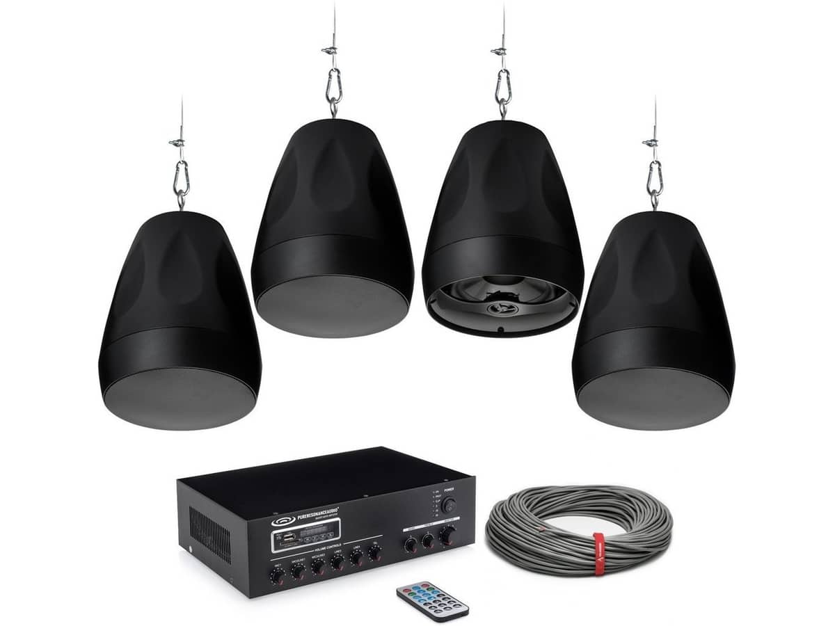 Background Music Sound System with 4 Pure Resonance Audio Pendant Speakers (Up to 1,800 SF)