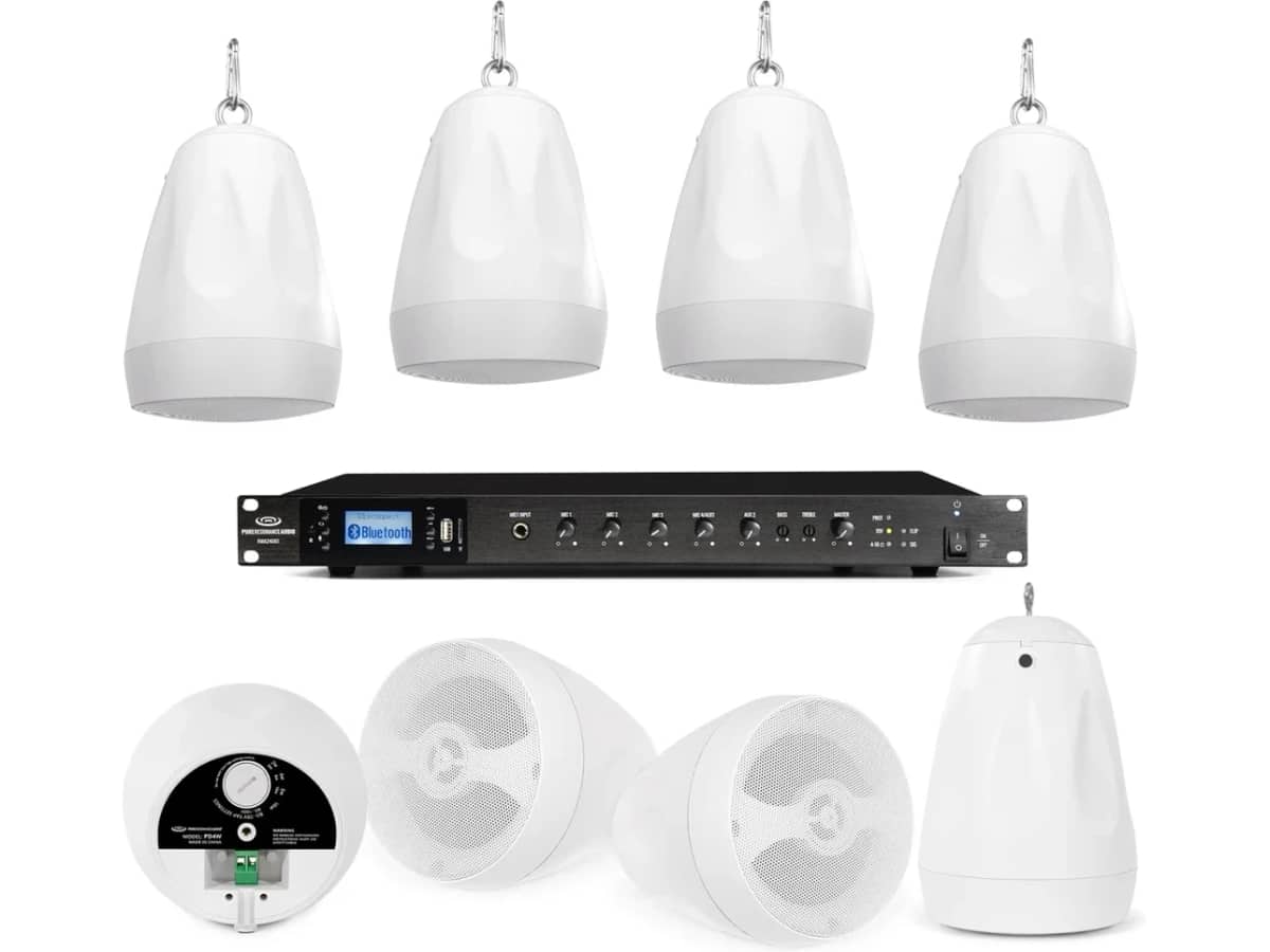 Business Audio Sound System with 8 PD4W 4" White 70V Pendant Speakers and RMA240BT 240W Rack Mount Mixer Amplifier