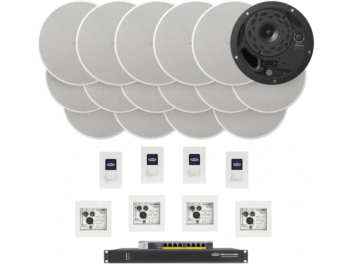 Conference Room Audio System with 16 Bose Ceiling Speakers, 8-Channel Digital Mixer Amplifier, Wall-Mounted Mixer Inputs and Zone Volume Controllers