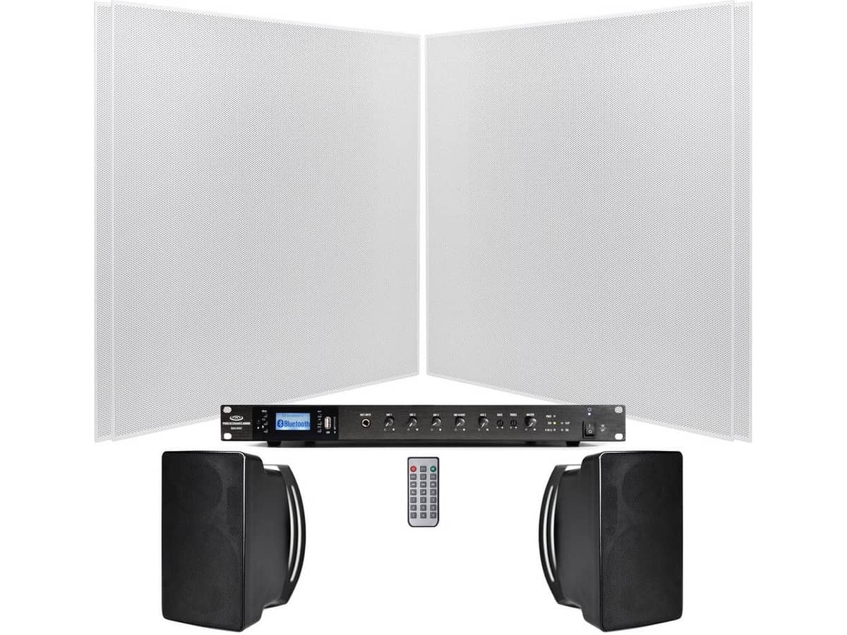 Conference Room Speaker System with 4 SP8 8" Ceiling Tile Speakers, 2 S5 4.5" 70V Surface Mount Speakers and RMA240BT 240W Bluetooth Mixer Amplifier