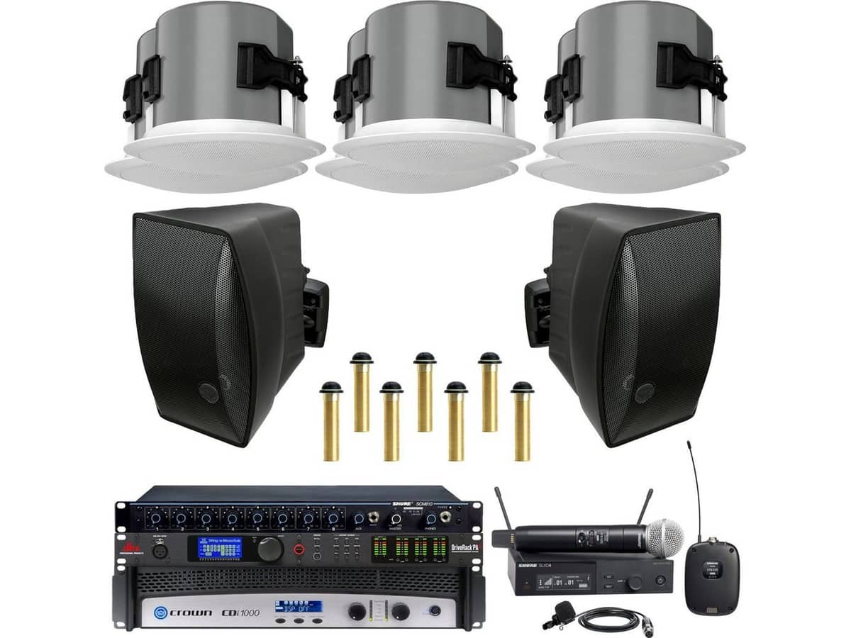 Conference Table Microphone Sound System with SoundTube Speakers Crown CDi 1000 Amplifier and 7 Shure MX395 Low Profile Boundary Microphones