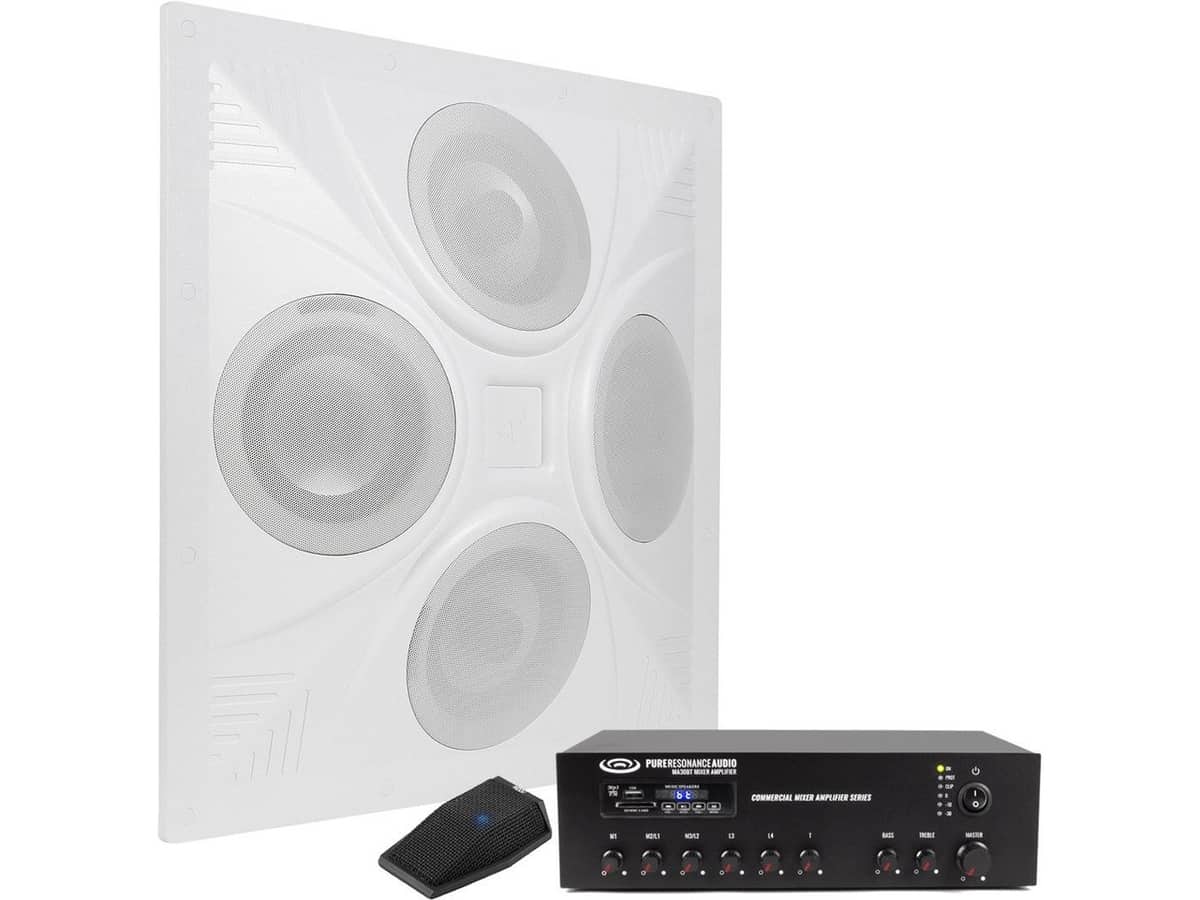 Conference Room Sound System with SD4 Ceiling Speaker Array, MA30BT Bluetooth Mixer Amplifier and Web Conferencing Microphone