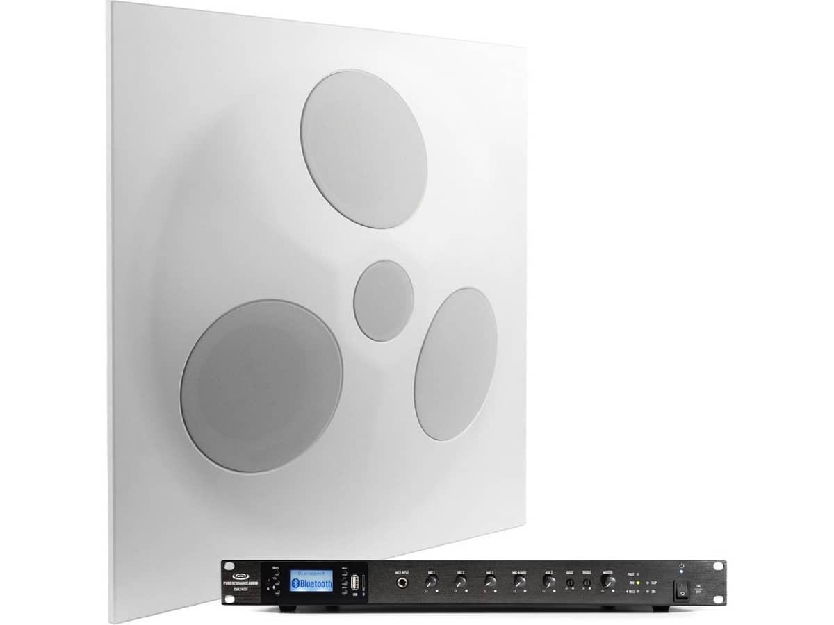 Conference Room Sound System with an SD5 SuperDispersion Ceiling Speaker Array and RMA240BT 240W Rack Mount Bluetooth Mixer Amplifier