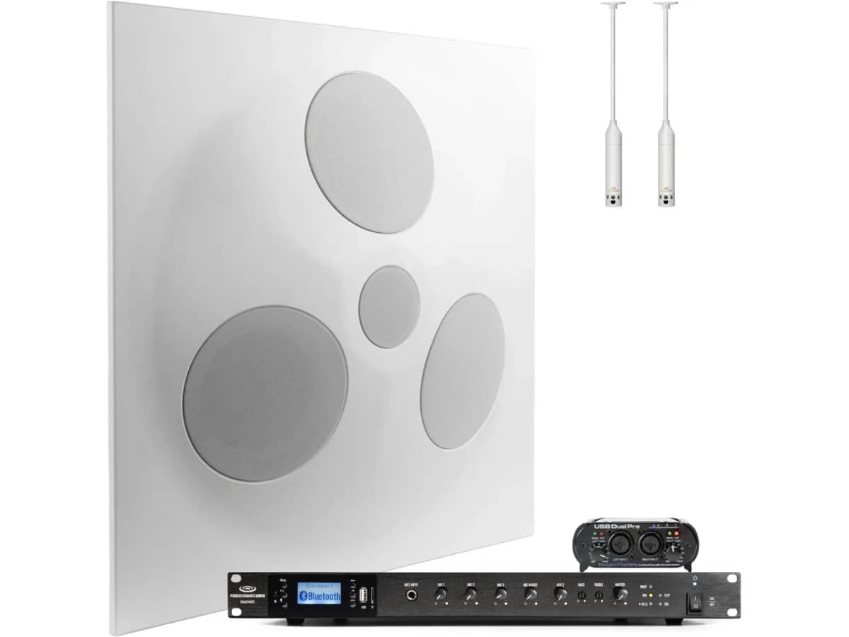 Conference Room Sound System with an SD5 SuperDispersion Ceiling Speaker Array, RMA240BT 240W Rack Mount Bluetooth Mixer Amplifier and 2 Hanging Microphones