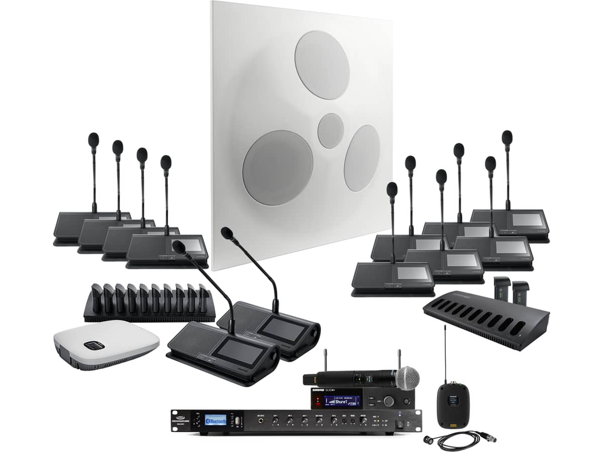 Digital Conference System with SD5 SuperDispersion Ceiling Speaker Array, RMA240BT Rack Mount Bluetooth Mixer Amplifier and Shure Microflex Complete Wireless System