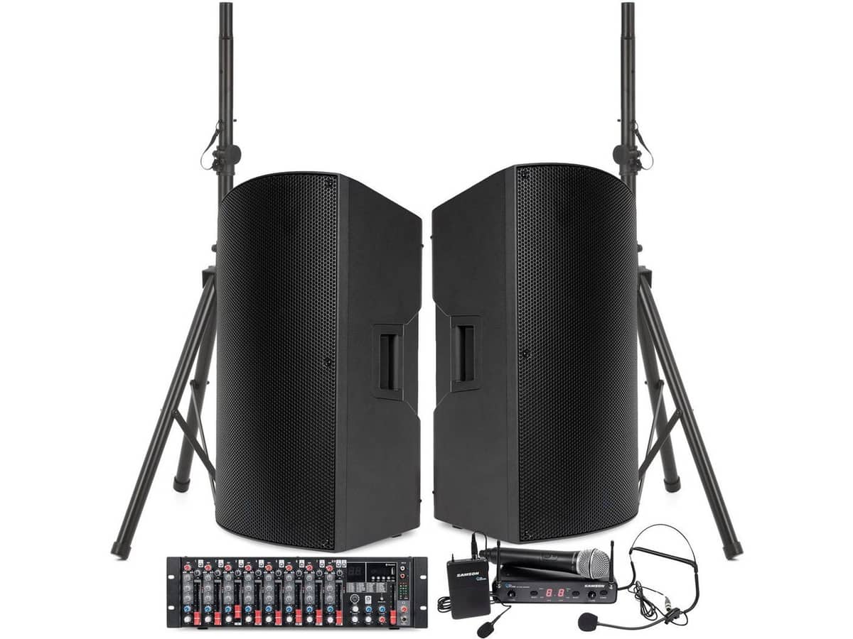 Portable Church PA System with 2 A115 15" Powered Speakers, MX9 9-Channel Mixer with Bluetooth and Effects, and Dual Wireless Microphone System