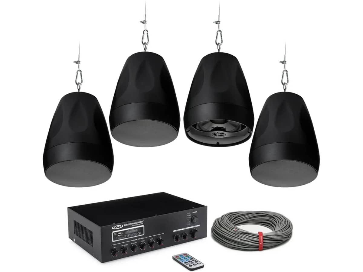 Open Ceiling Classroom Sound System with 4 Pure Resonance Audio Pendant Speakers and Bluetooth Mixer Amplifier