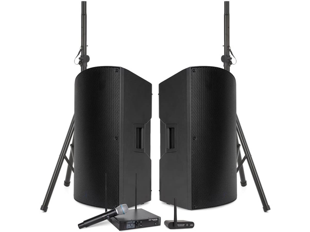 Portable School Sound System with 2 A115 15" Powered PA Speakers, WMS1-HH Wireless Handheld Mic, BTR1 Bluetooth Receiver and Speaker Stands