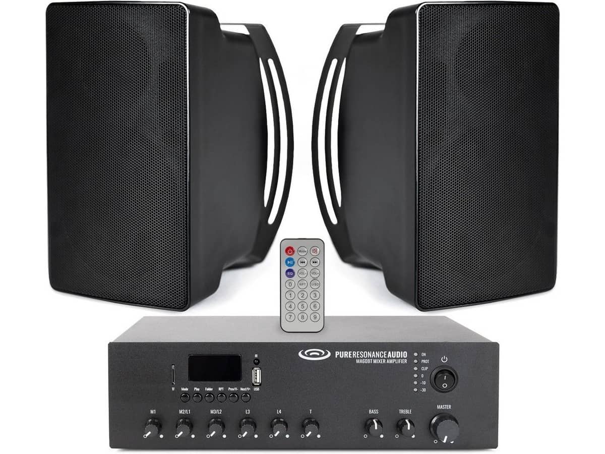 School Sound System with 2 Pure Resonance Audio S5 Indoor/Outdoor Surface Mount Speakers and MA120BT Bluetooth Mixer Amplifier