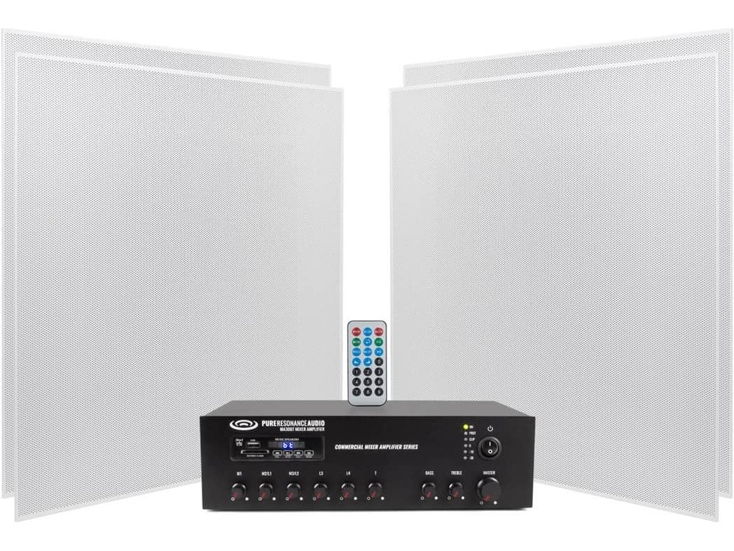 School and Classroom Sound System with 4 Pure Resonance Audio SP8 Low-Profile Ceiling Tile Speakers and Bluetooth Mixer Amplifier