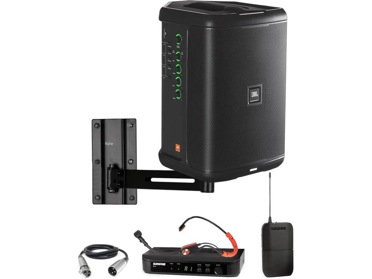 JBL Installed Fitness Sound System with EON One Compact All-In-One Portable Bluetooth PA Speaker and Sweatproof Headworn Microphone