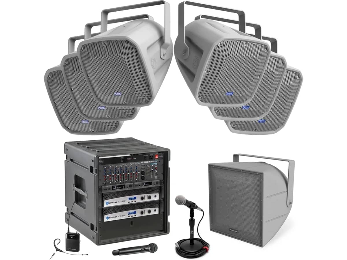 Football Field Sound System with 4 AtlasIED Stadium Speakers, 2 Subs, Stadium Horn, 2 Crown Power Amplifiers and Bluetooth Mixer
