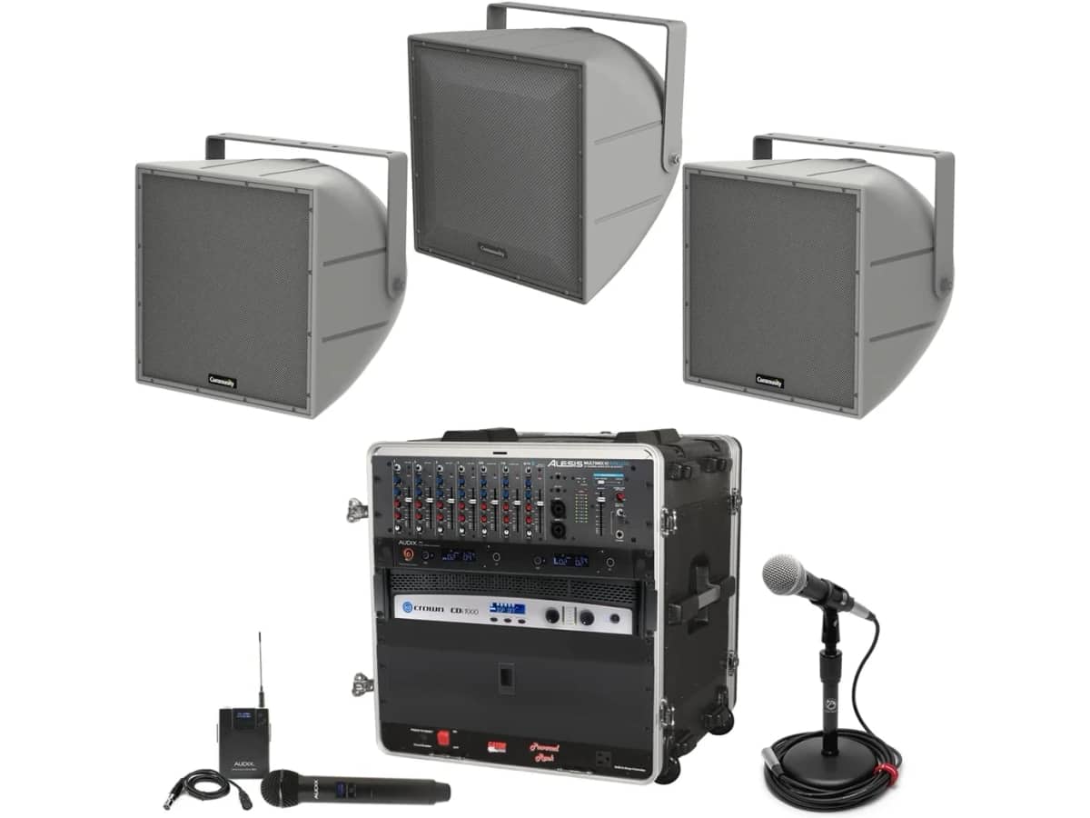 Stadium Speaker System with 3 Outdoor Community Stadium Speakers, Bluetooth Mixer and Microphones