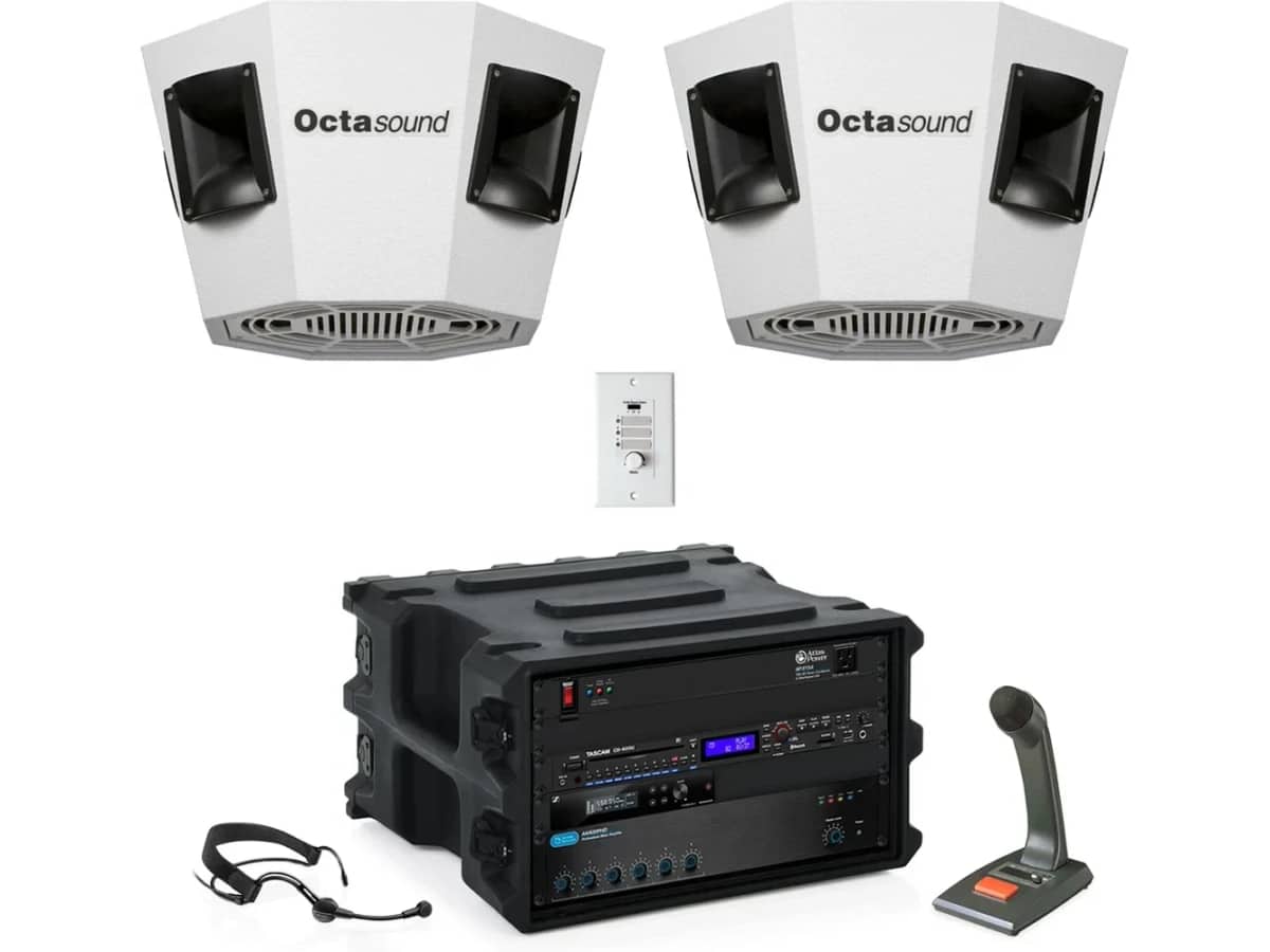 Trampoline Park and Indoor Inflatable Play Center Sound System with 2 Octasound 360° x 180° Central Speakers with Bluetooth and Paging Microphone