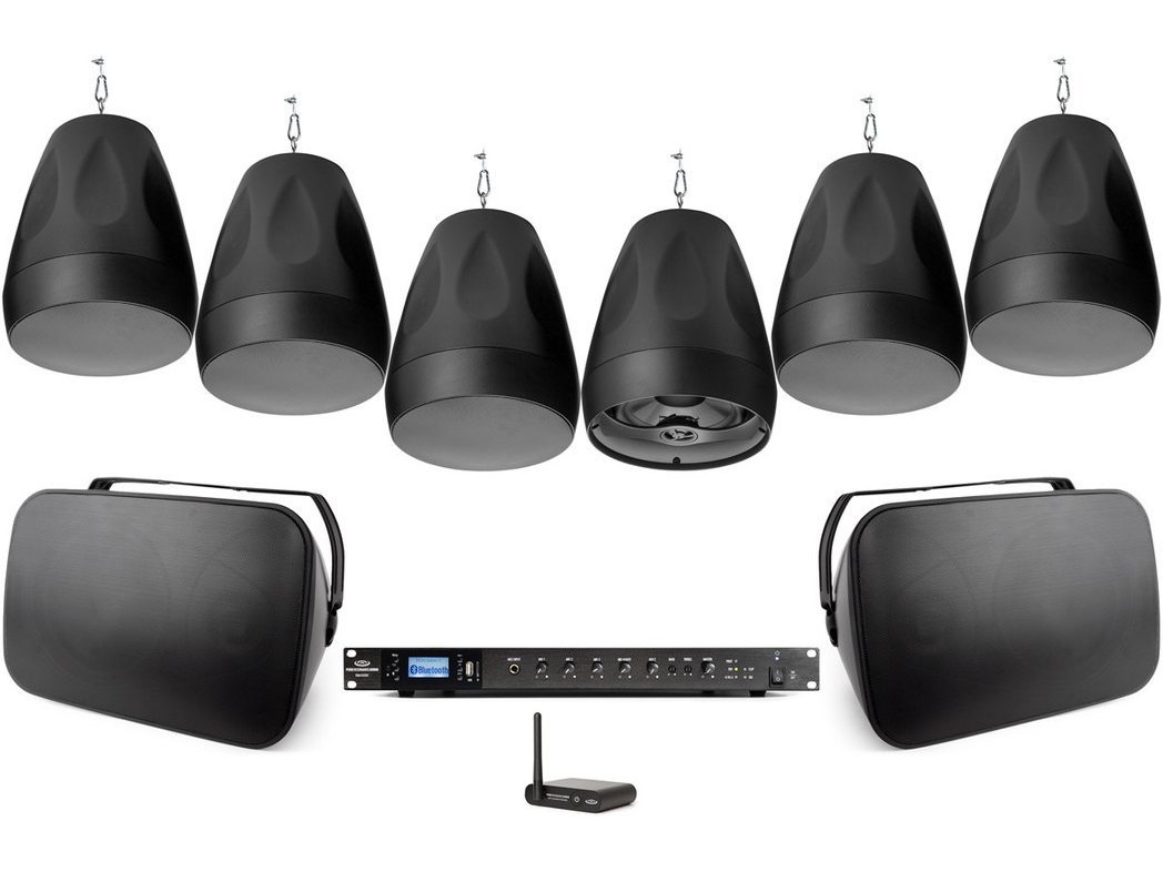Fitness Studio Sound System with 6 PD6 6.5" Pendant Speakers, 2 S8.1 8" Speakers, RMA350BT 350W Mixer Amplifier and BTR1 Bluetooth Wireless Receiver