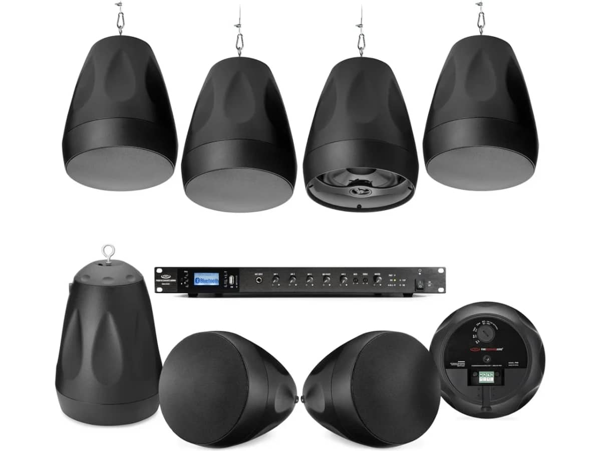 Fitness Sound System with 8 PD6 6.5" 70V Pendant Speakers and RMA350BT 350W Rack Mount Bluetooth Mixer Amplifier