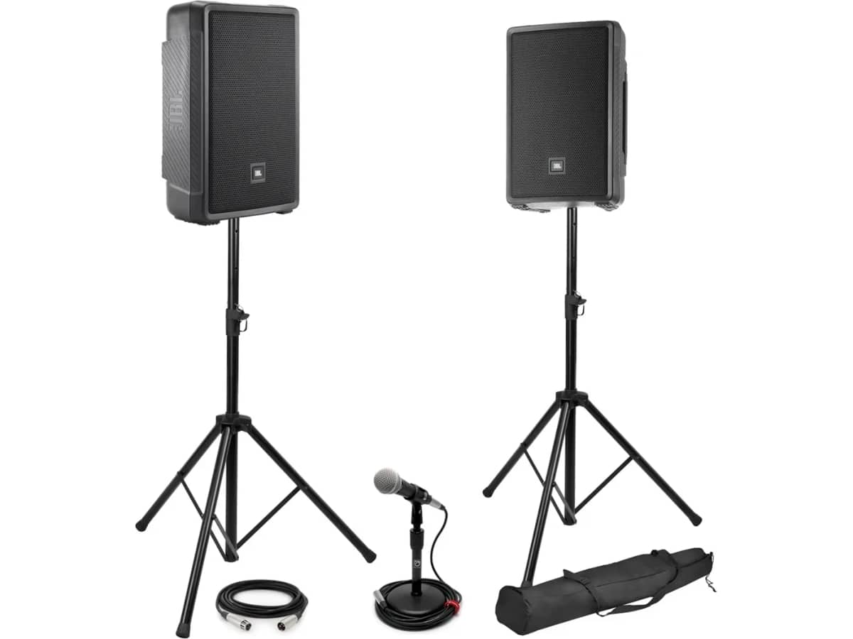 Portable Gym Sound System with 2 JBL IRX112BT Powered Bluetooth Speakers and Handheld Microphone
