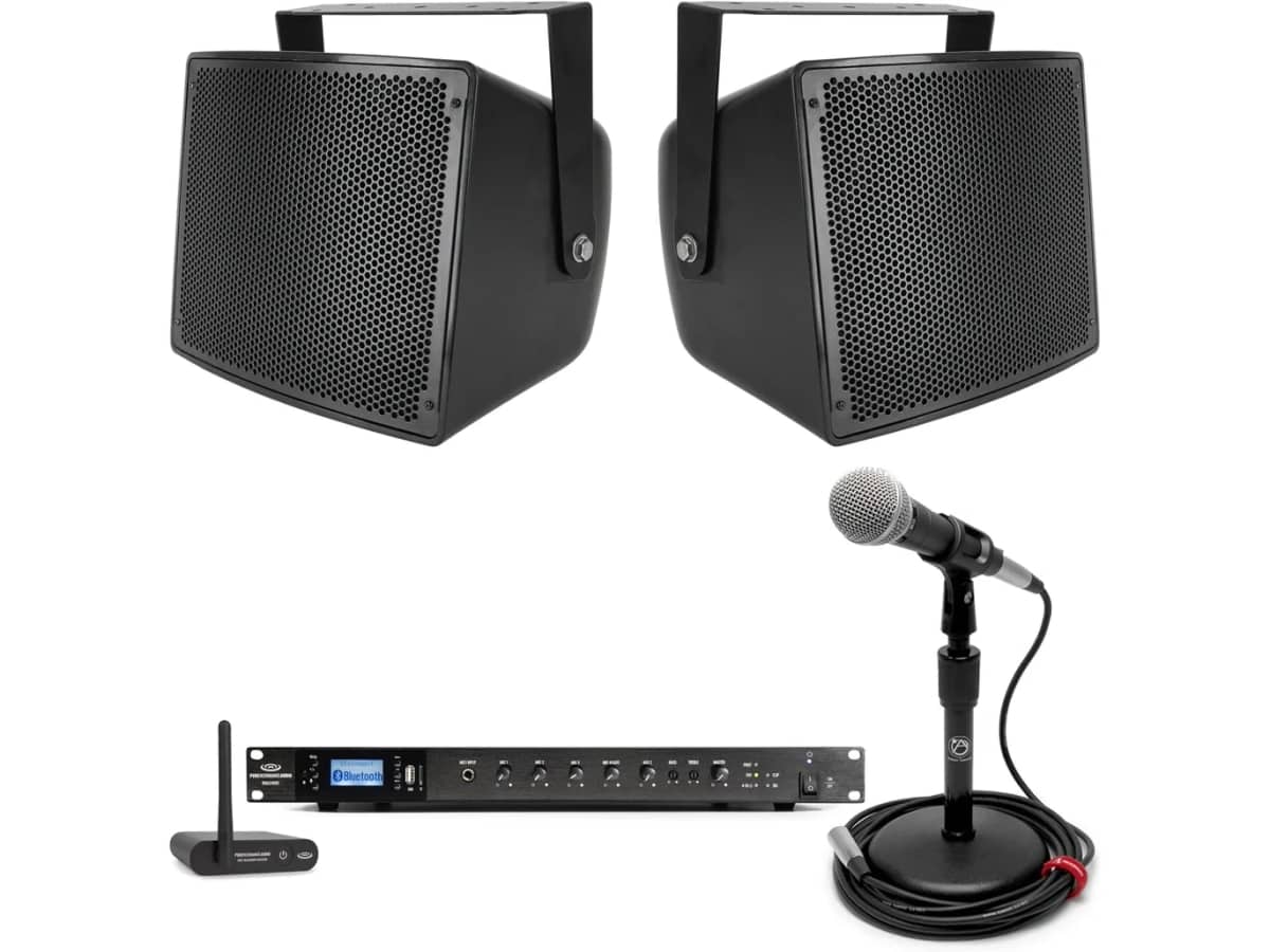 Gymnasium Sound System with 2 S10 Outdoor Speakers, RMA240BT Rackmount Mixer Amplifier, Bluetooth Wireless Audio Receiver and Microphone