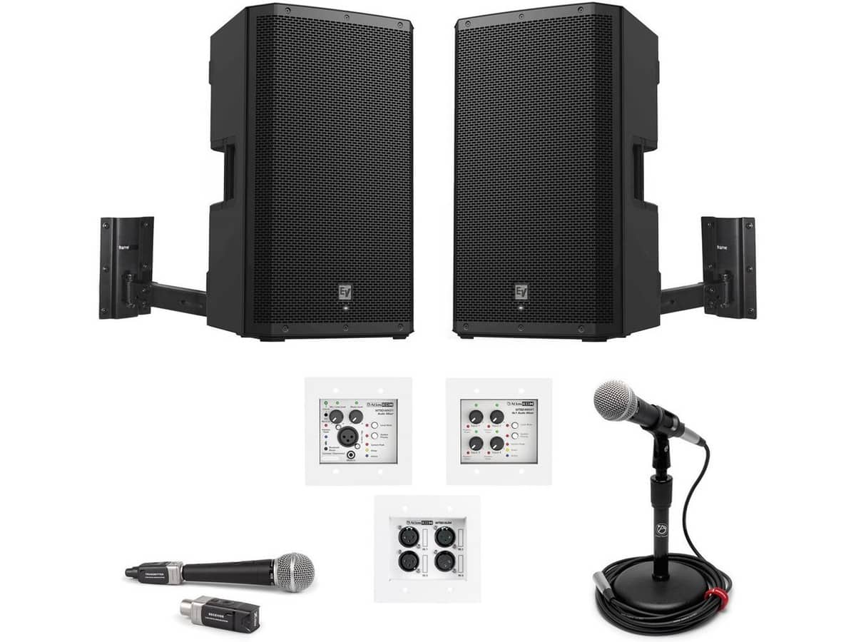 Gym Sound System with 2 1000W Electro-Voice Powered Bluetooth Speakers In-Wall Mixers and Input Wall Plate