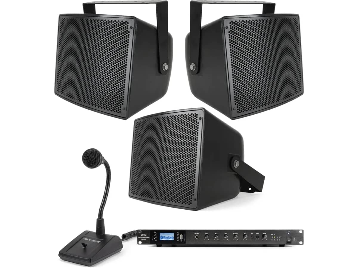 Gymnasium Sound System with 3 S10 Outdoor Speakers, RMA500BT Bluetooth Mixer Amplifier and Paging Microphone