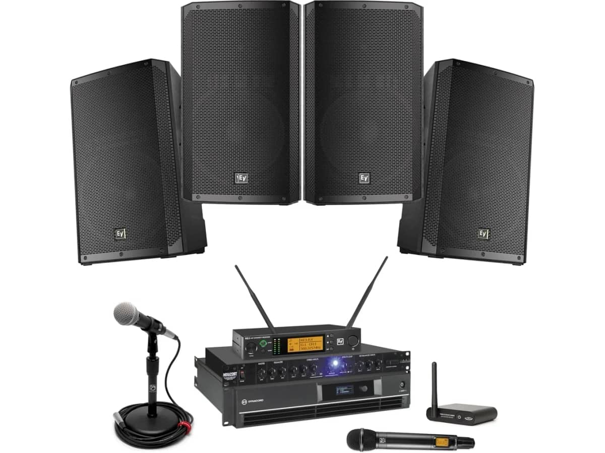 Gym Sound System with 4 Flyable High-Output 130 dB SPL Electro-Voice 15" Speakers, Bluetooth and Wireless Mic System