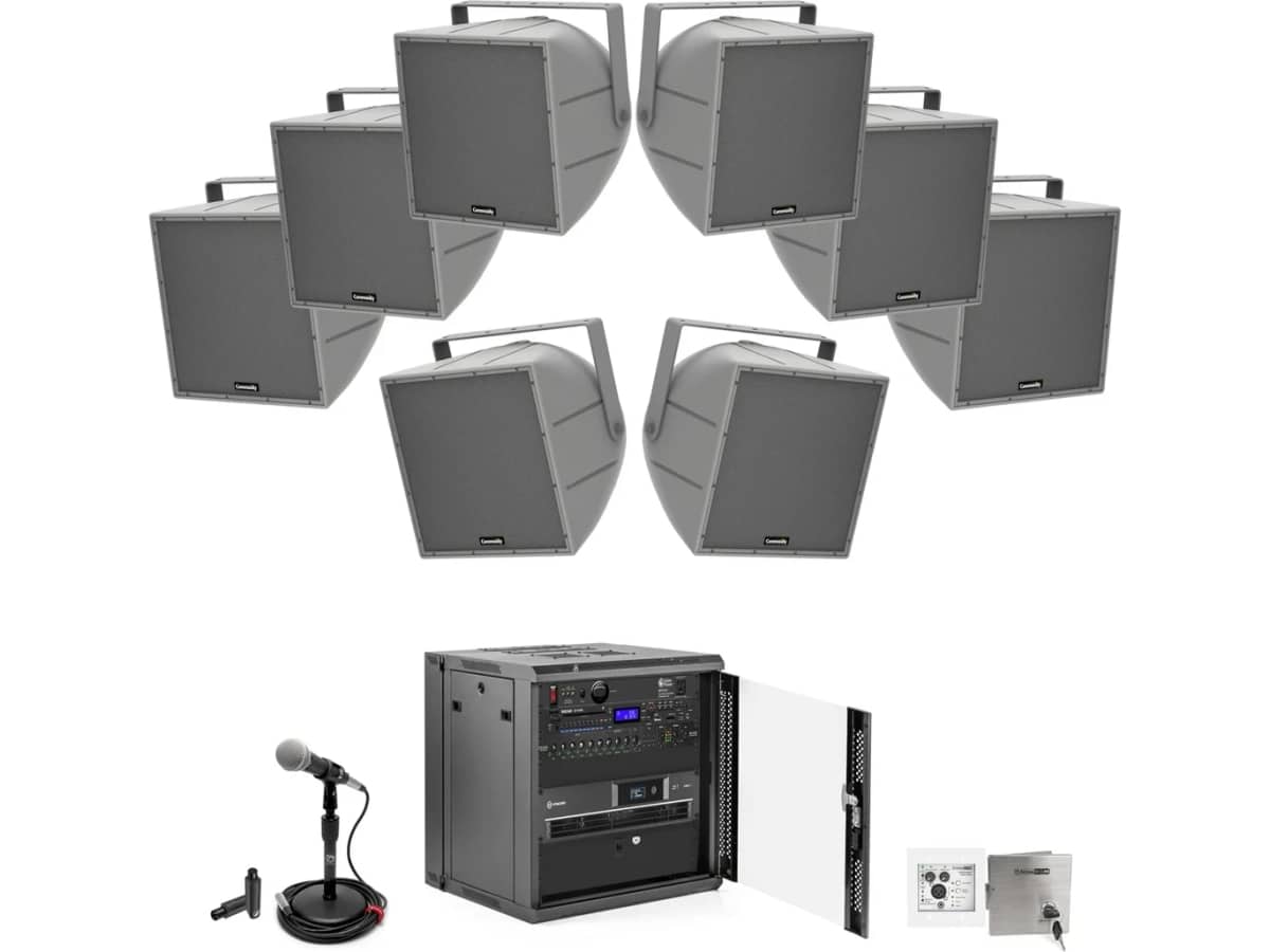 Gym Sound System with 8 Community R.5 Horn-Loaded Weather-Resistant Loudspeakers with Microphone and Bluetooth