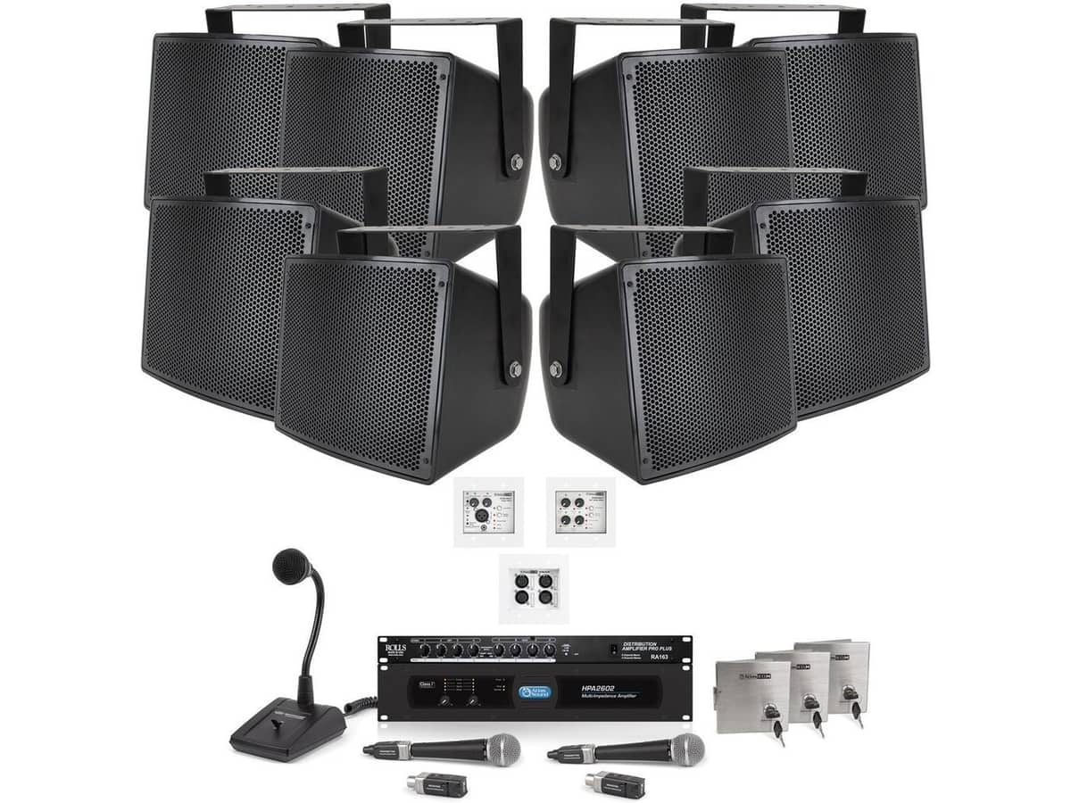 Gymnasium Sound System with 8 S10 Outdoor Speakers, In-Wall Mixers, 2 Wireless Handheld Mics, Paging Mic and Bluetooth