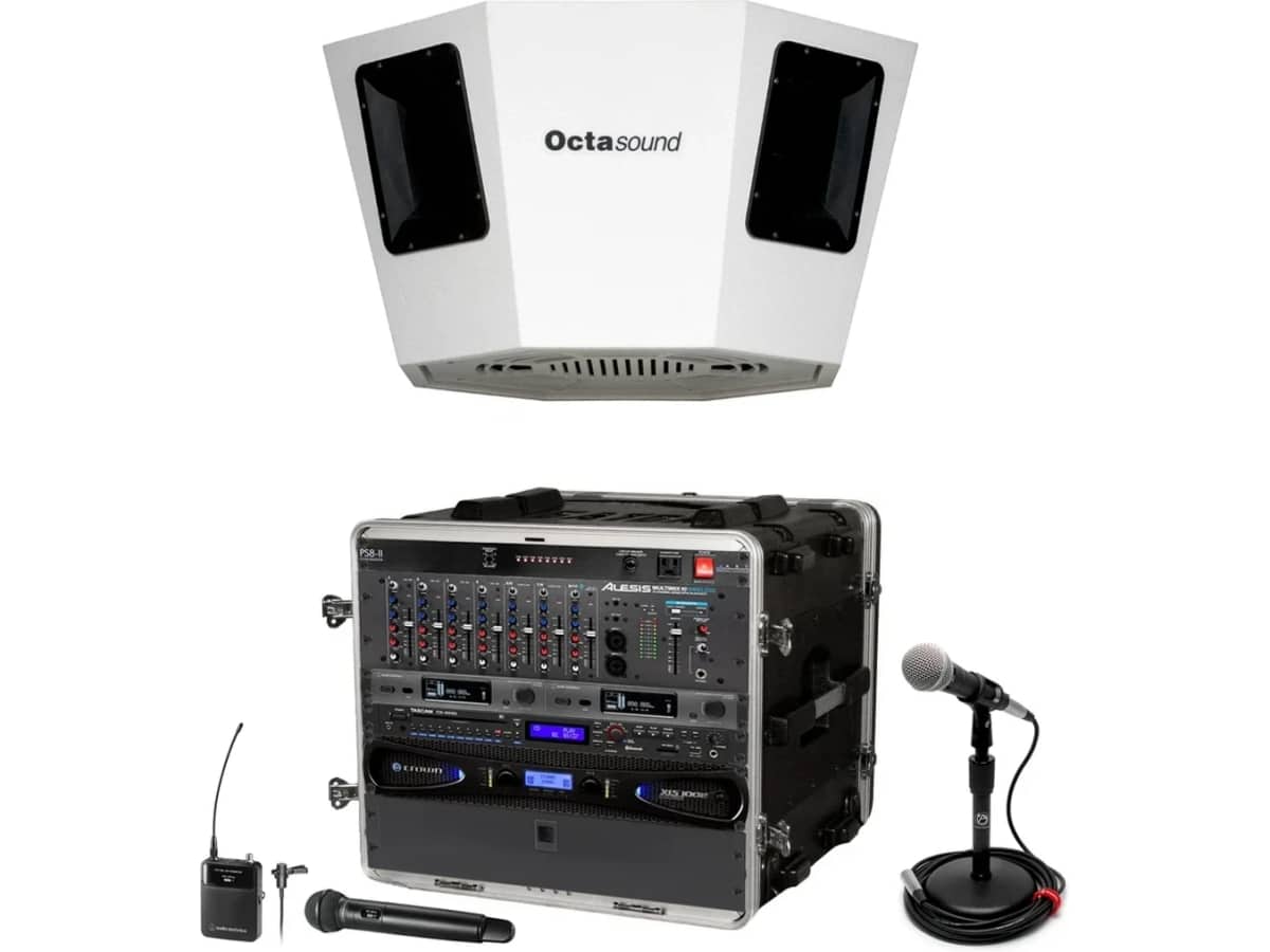 Gym Sound System with Octasound SP840A  360° x 180° Ceiling Mount Speaker Cluster and Alesis MultiMix 10 Bluetooth Mixer