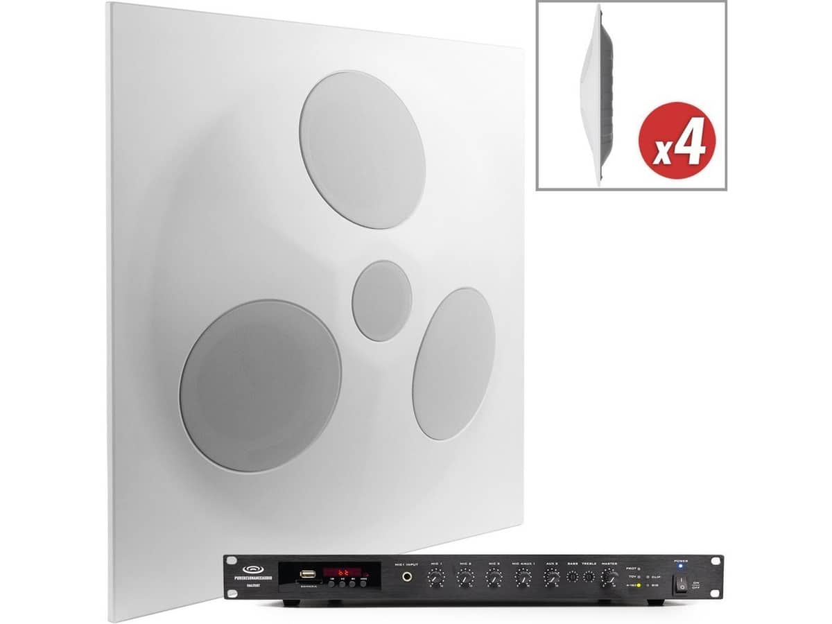 Auditorium Sound System with 4 SD5 SuperDispersion Ceiling Speaker Arrays and RMA350BT 350W Rack Mount Bluetooth Mixer Amplifier