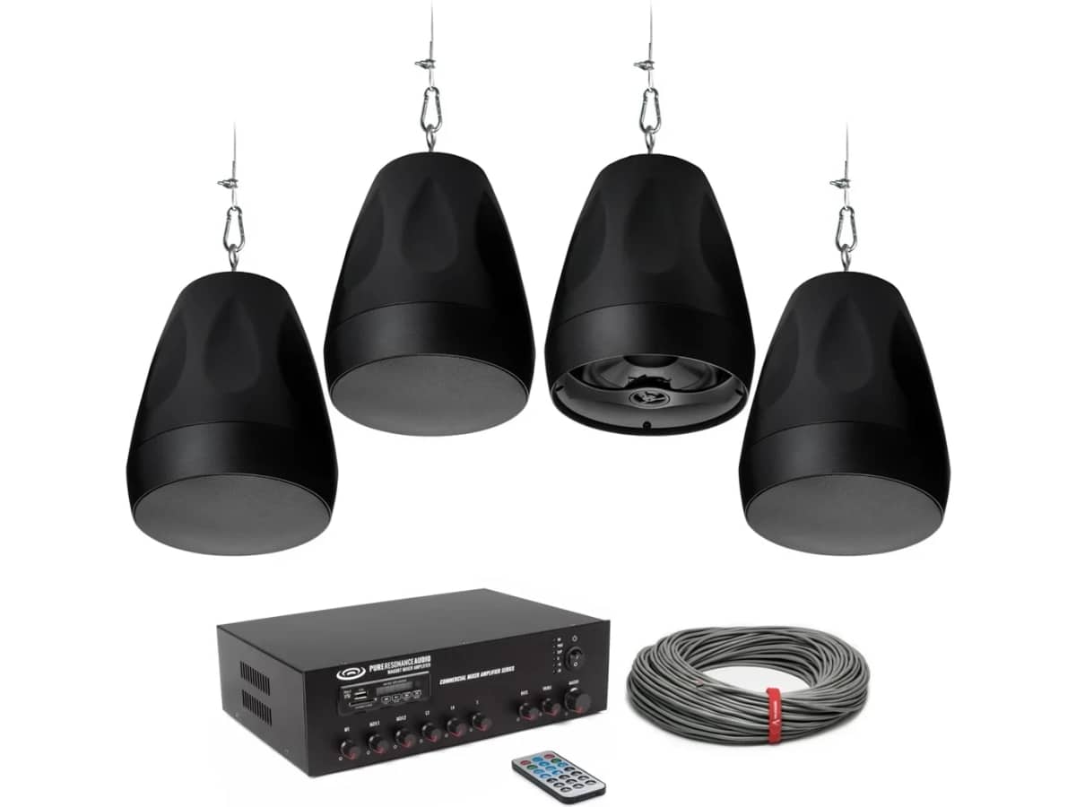Open Architecture Ceiling Sound System with 4 Pure Resonance Audio Pendant Speakers - Up to 1800 SF