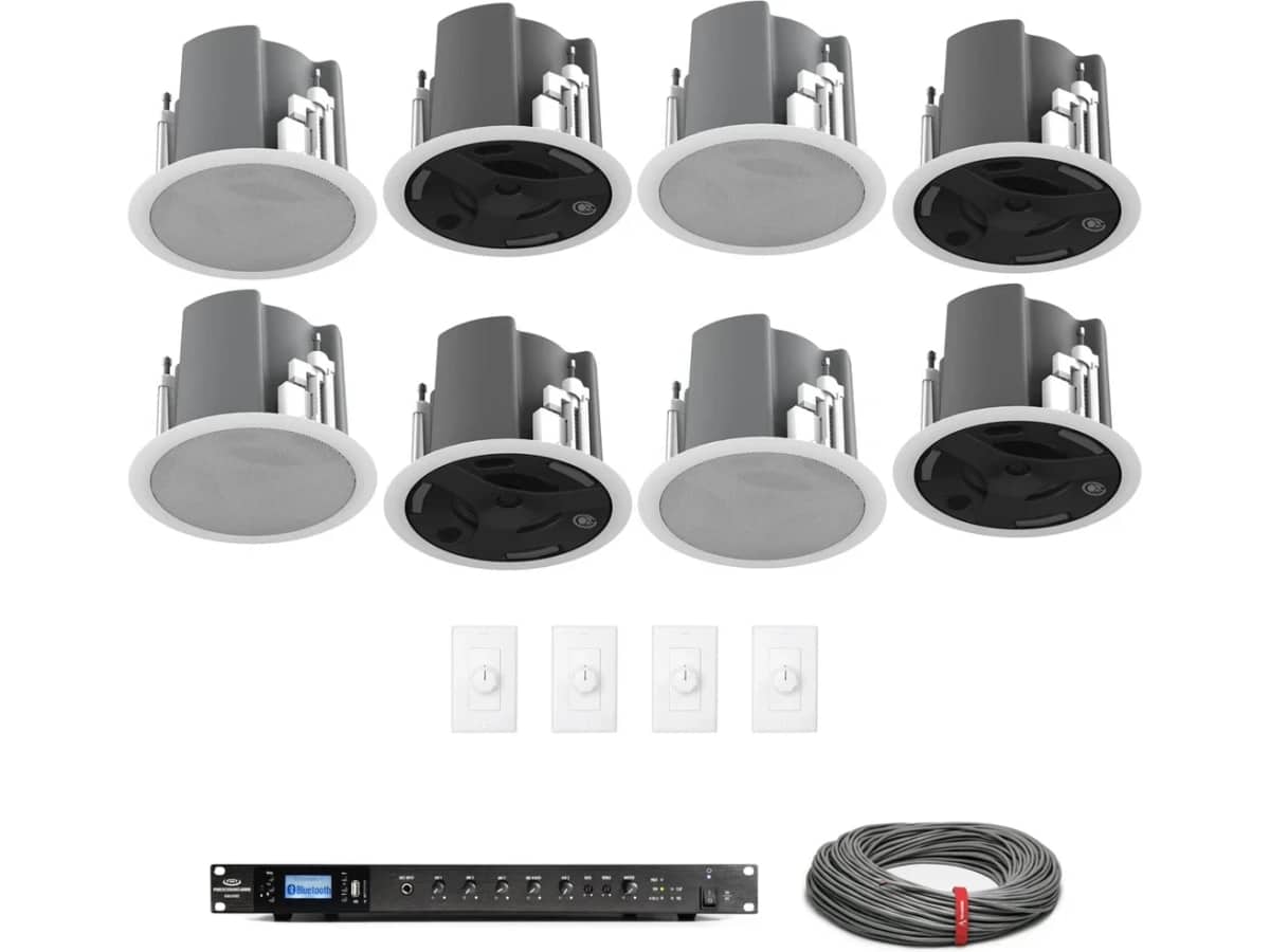 Office Sound System Package with 16 In-Ceiling Mount Speakers and 240W Bluetooth Rack Mount Mixer Amplifier