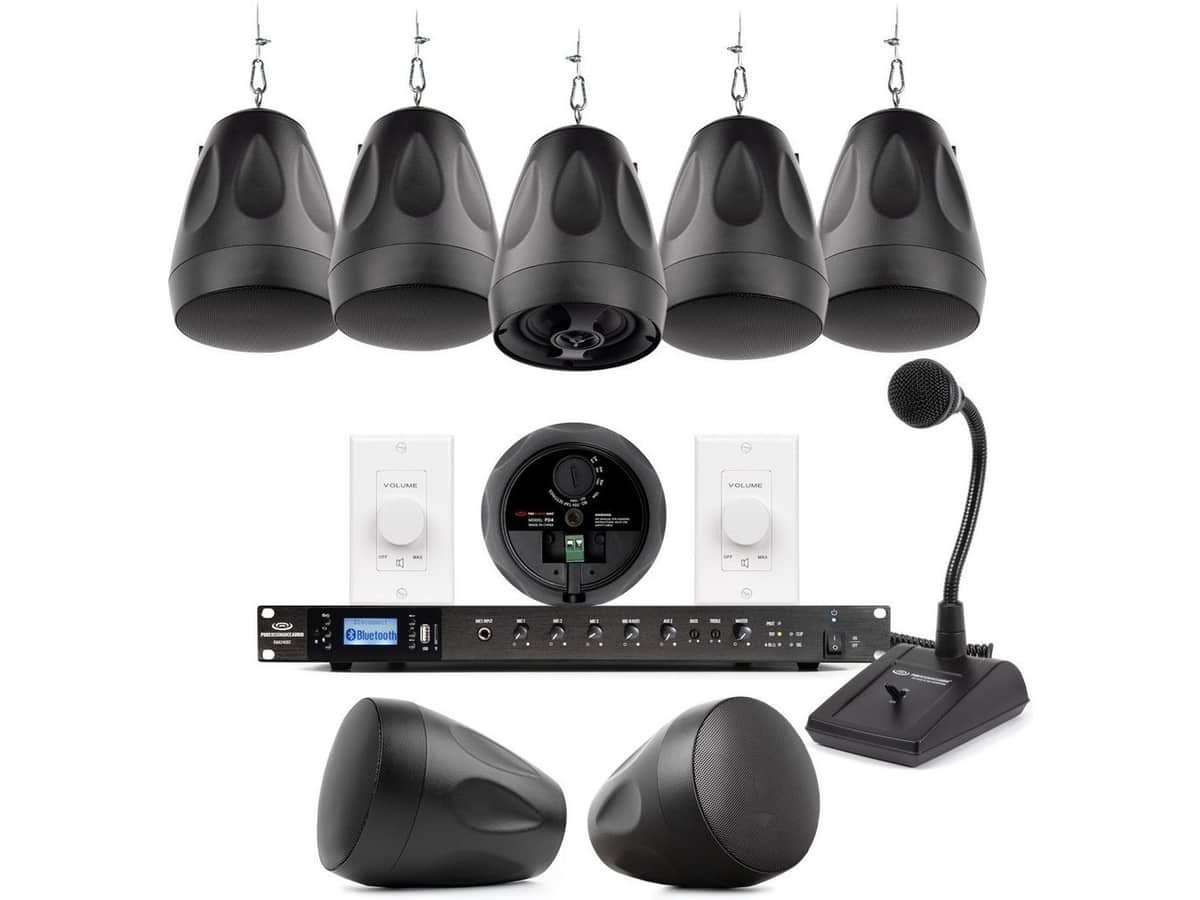 Paging Sound System with 8 PD4 4" 70V Pendant Speakers, RMA240BT 240W Mixer Amplifier, PTT1 Push-to-Talk Microphone and 2 VC100W Volume Controls