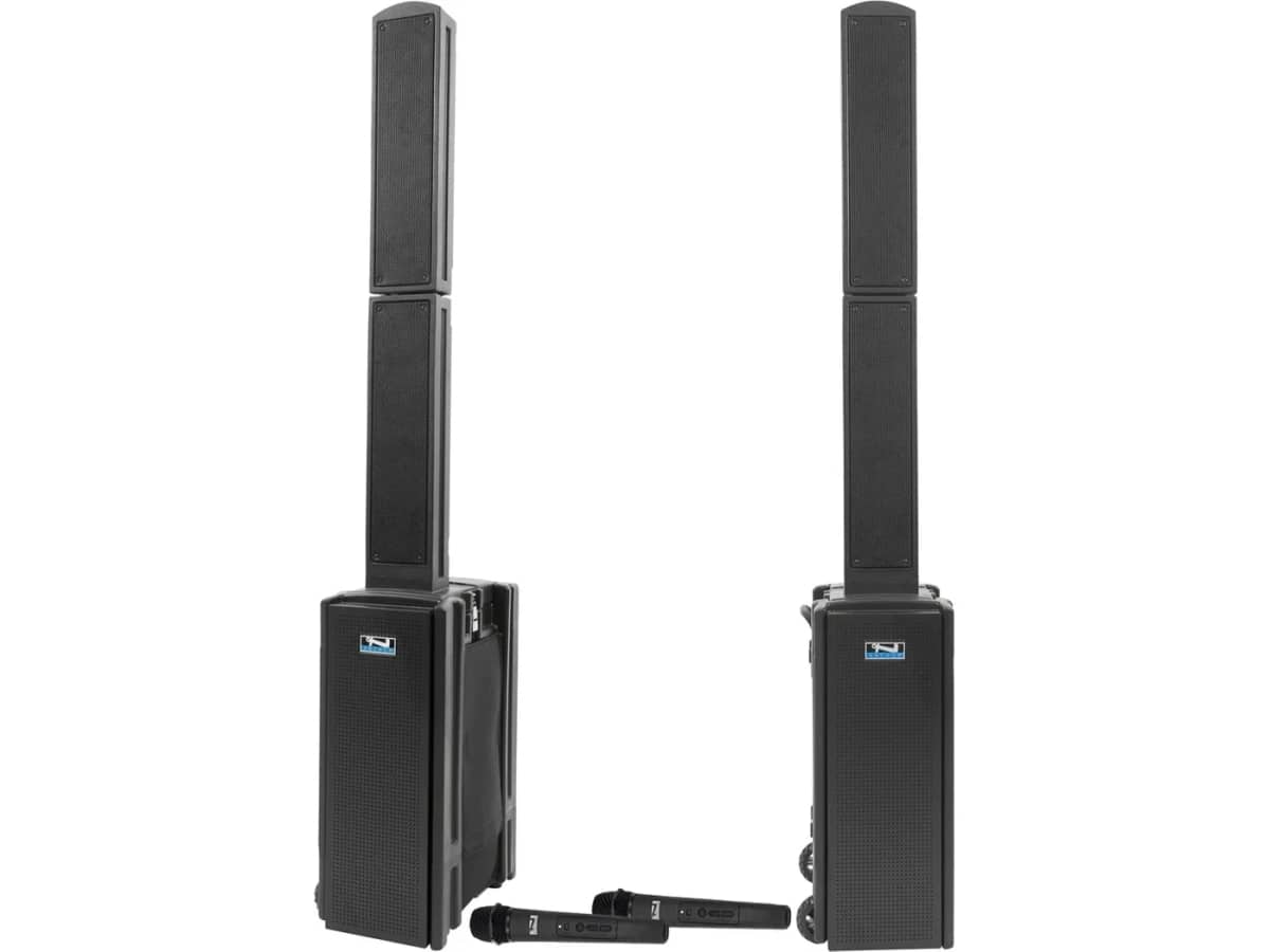 Portable Stadium Sound System with 2 Wireless Beacon Speakers, 2 Wireless Microphones, Bluetooth and 123 dB Output for Crowds up to 5,000