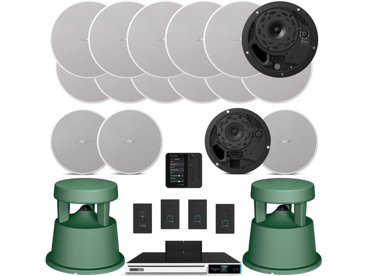 Multi-Zone Restaurant Sound System with 12 Bose Professional DesignMax Ceiling Speakers, 2 Landscape Speakers, Powered Zone Processor, Wall Control Panel, Remote XLR Input, Volume Controls, and WiFi Streaming