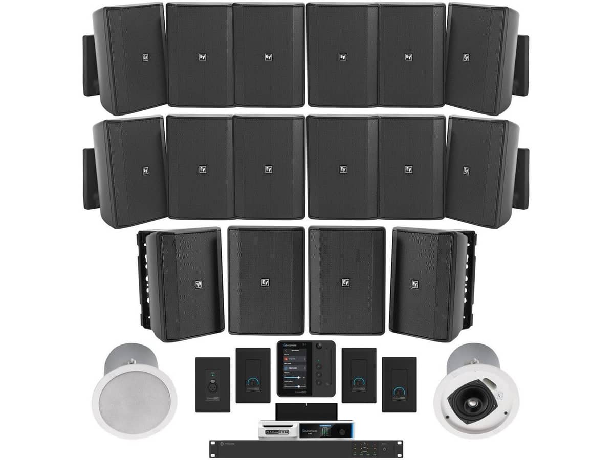 Restaurant Speaker System with 12 Electro-Voice Surface Mount Speakers, 2 Ceiling Speakers, 4 Outdoor Patio Speakers, Power Amplifier, 4-Zone Processor, Wall Control Panel, Remote XLR Input, Volume Controls, Bluetooth, and Wifi Streaming