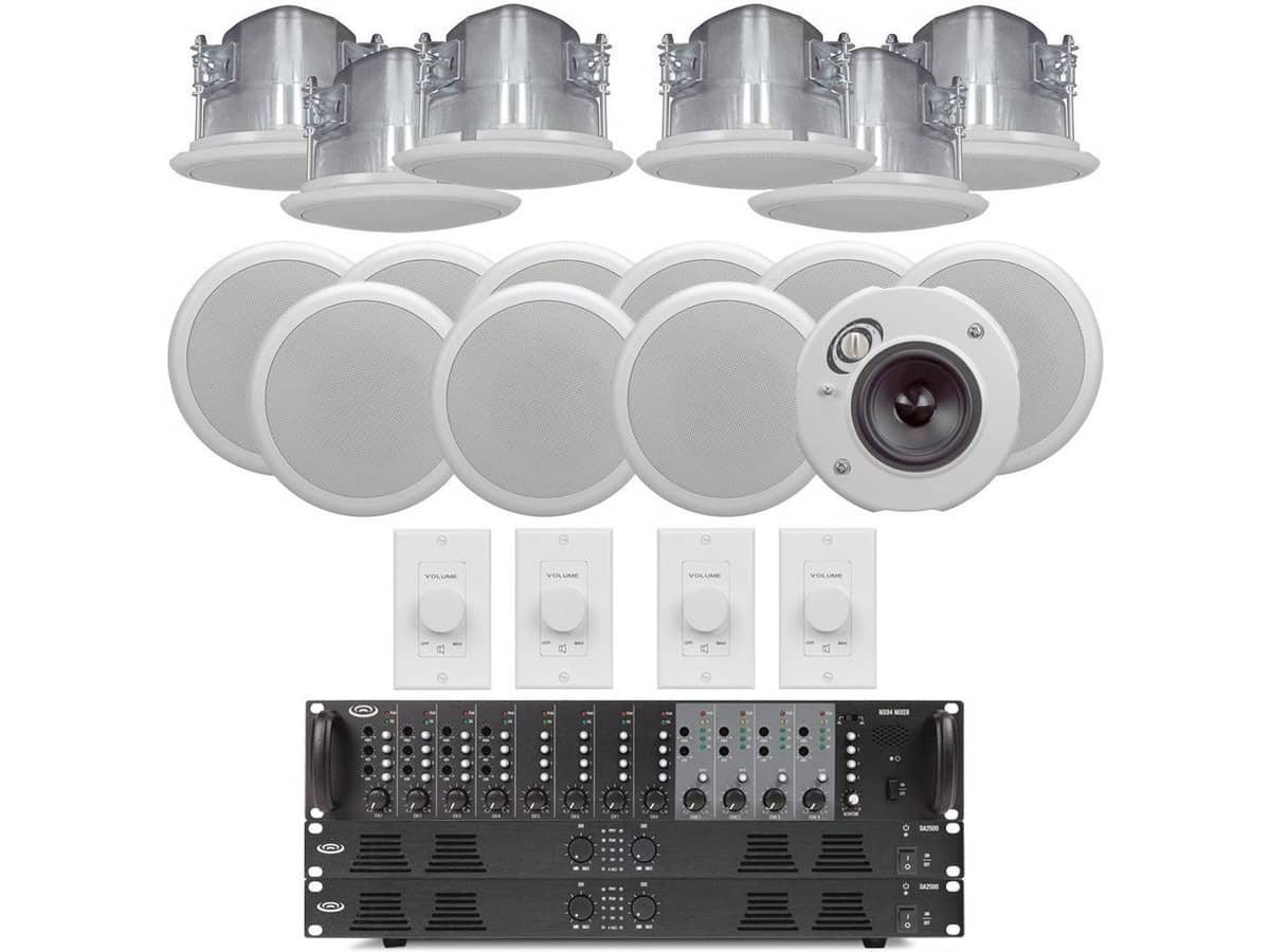 Restaurant Sound System with 16 SoundTube CM31-EZ In-Ceiling Speakers, 4 Zone Mixer, 2 Power Amplifiers and 4 Volume Controls