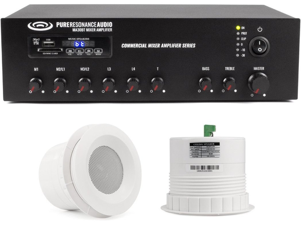 Restaurant Sound System for Restrooms with 2 Pure Resonance Audio Ceiling Speakers and Bluetooth Mixer Amplifier