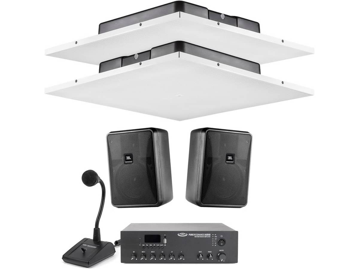 Restaurant Sound System for Indoor Outdoor Waiting Areas with 2 JBL Lay-In Ceiling Tile Speakers, 2 Outdoor Surface Mount JBL Speakers, Bluetooth Mixer Amplifier and Paging Mic
