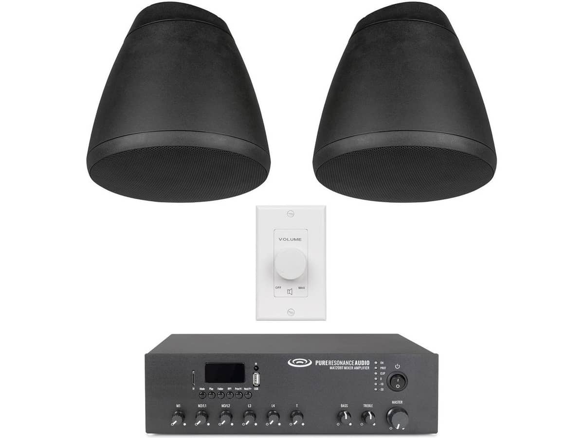Cafe Sound System with 2 SoundTube RS42-EZ Pendant Speakers, 120W Mixer Amplifier, Volume Control, and Bluetooth Streaming