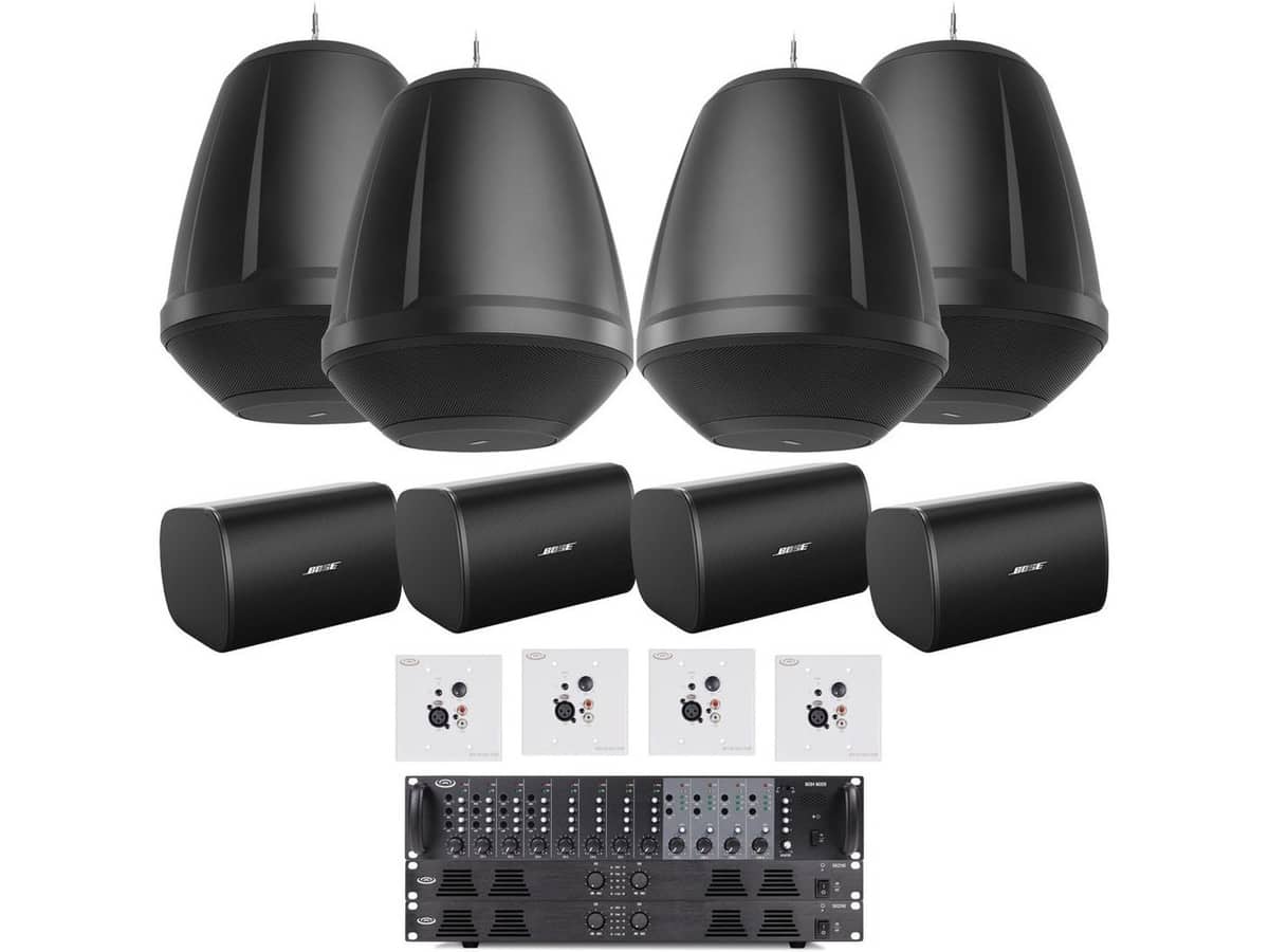 Four-Zone Restaurant Sound System with 4 QSC All-In-One Pendant Loudspeaker Systems and 4 Bose Outdoor Patio Loudspeakers