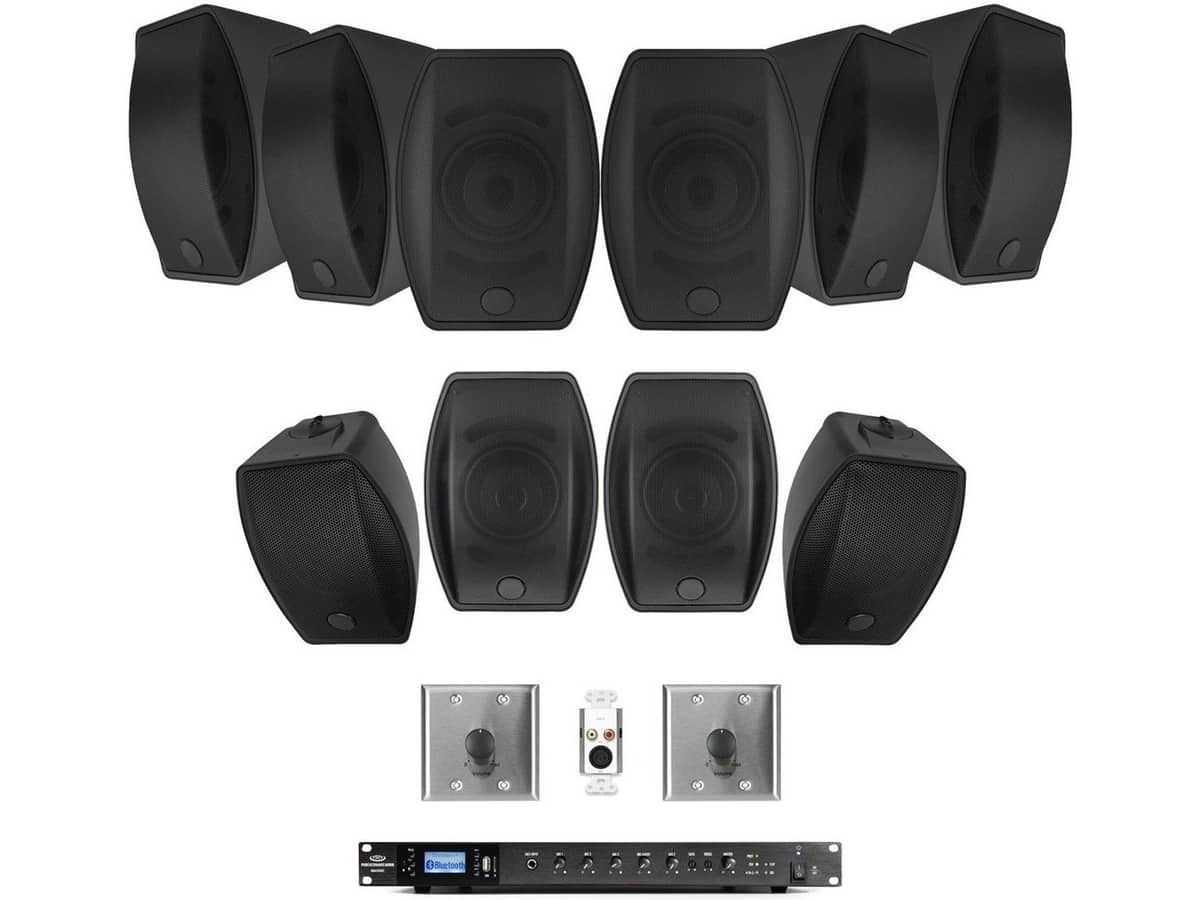 Restaurant Audio System with 4 SoundTube SM400i Surface Mount Speakers, 6 SM500ii-II-WX Weatherproof Speakers, 500W Mixer Amplifier, Volume Controls, Wall Input Panel, and Bluetooth Audio Streaming