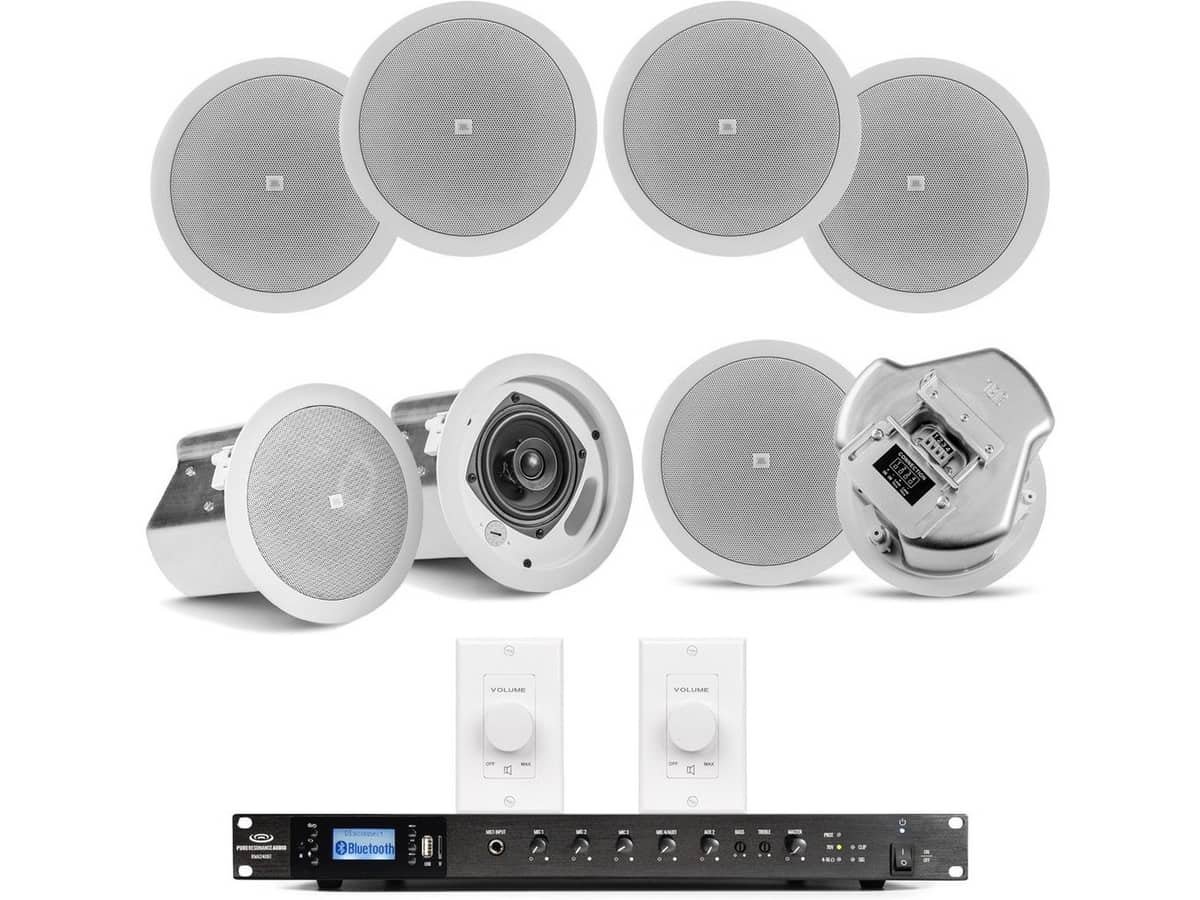 Restaurant Sound System with 8 JBL Control 14C/T Ceiling Speakers, Rackmount Bluetooth Mixer Amplifier and 2 Volume Controls