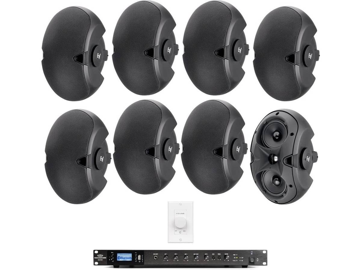 Restaurant Sound System with 8 Electro-Voice EVID 4.2T Wall Mount Loudspeakers, 240W Bluetooth Mixer Amplifier and Volume Control