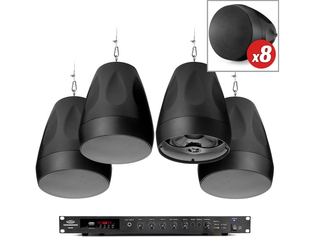 Restaurant Sound System with 8 PD6 Pendant Speakers and RMA240BT 240W Rack Mount Bluetooth Mixer Amplifier