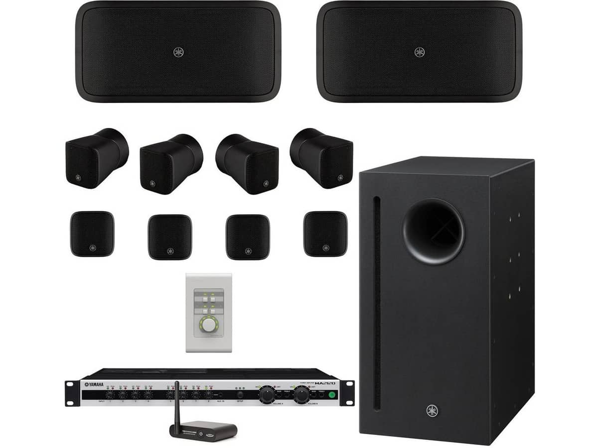 Background Music System with Yamaha Speakers, Subwoofer, Mixer Amplifier, Remote Volume Control and Wireless Bluetooth Streaming