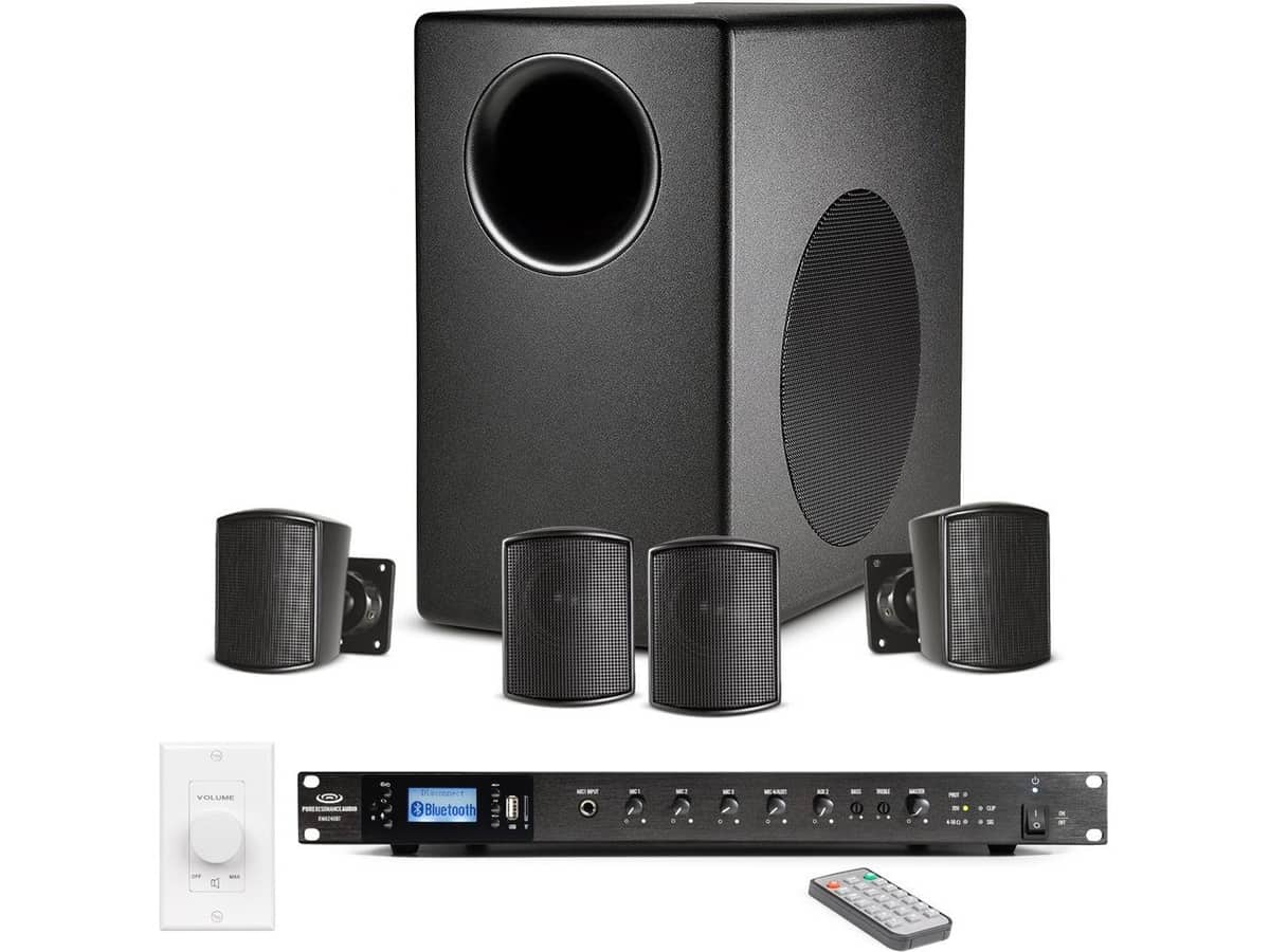 Restaurant Sound System with JBL Control 50 Subwoofer-Satellite Speaker System, Rackmount Bluetooth Mixer Amplifier and Volume Control